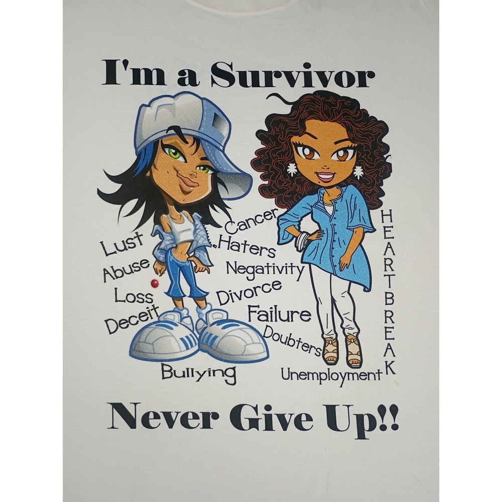 Anvil Im a Survivor Never Give Up Graphic T-Shirt White XL Women Mens Y2K Style